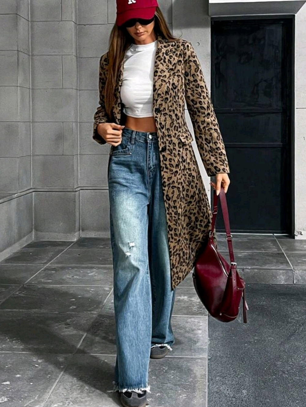 Leopard Print Long Trench Coat - Brown & Black - Picture 7 of 8